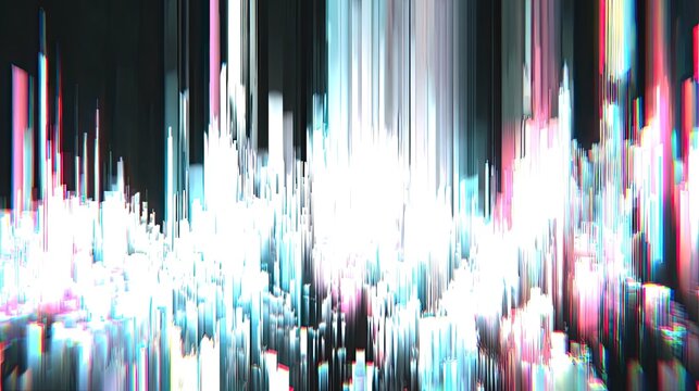 Abstract digital cityscape with distorted lines and vibrant colors