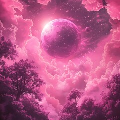 Surreal pink fantasy landscape of celestial bodies with cloudy atmosphere and trees photo