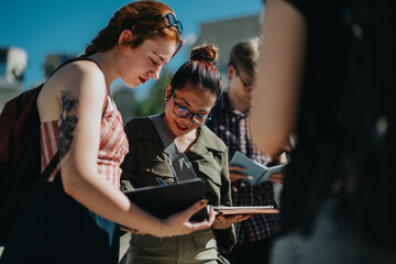 A group of young students working together outside, enjoying the sunny weather while engaged in discussions.