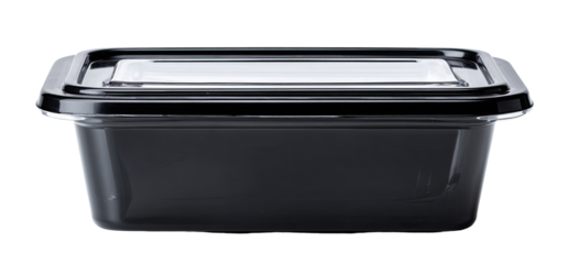 Rectangular black plastic food container with a clear lid