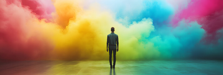 Creative representation of an individual stepping from a grayscale world into a vibrant - colorful dream world wide banner 