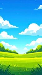 Obraz premium Bright, vibrant landscape with a vast expanse of green grass and a clear blue sky dotted with fluffy white clouds