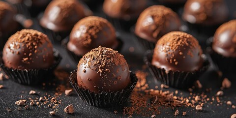 Refined chocolate truffles with glossy and textured finishes on dramatic black base