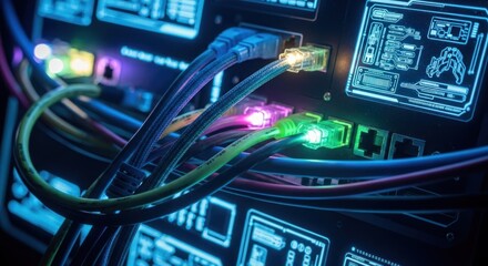 Close-up of network cables connected to a glowing, futuristic server panel