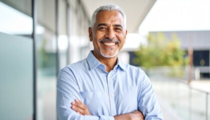 A silver-haired man standing with a smile and his arms crossed