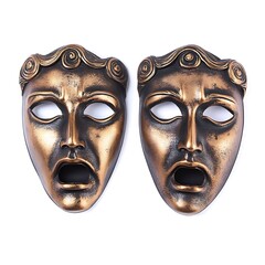 Two antique bronze colored masks of theater comedy faces isolated on a white background photo