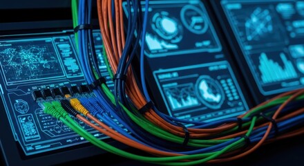 Close-up of tangled network cables draped over glowing digital displays, showcasing network data