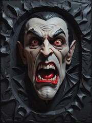 Halloween themed illustration of a bas-relief of a dracula face on a black wall.