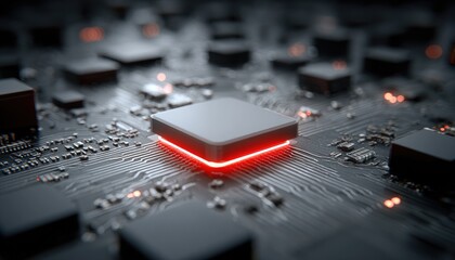 Close-up circuit board with glowing chip