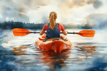 Watercolor painting of a female kayaking in water