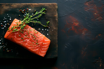 Piece of salmon on a dark background with spices and thyme, gravlax.