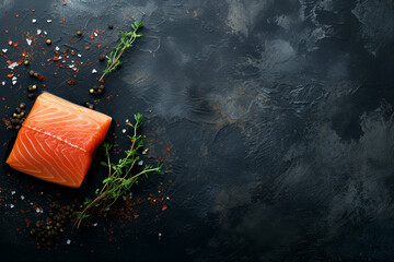Piece of salmon on a dark background with spices and thyme, gravlax, copyspace