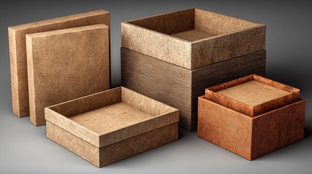 Assorted cardboard boxes in various sizes and finishes