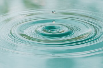 Water droplet impacting a still teal surface, creating concentric ripples