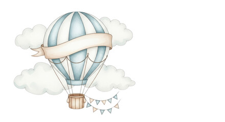 Whimsical hot air balloon floats serenely amidst dreamy clouds, perfect for travel invitations or nursery decor.