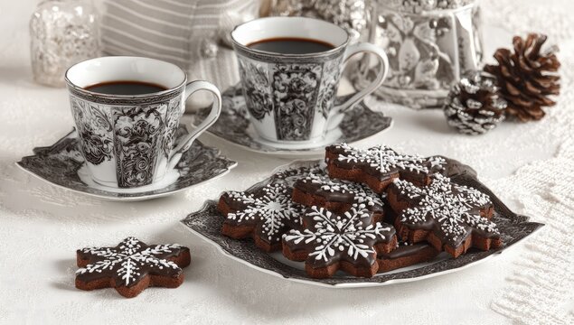 Festive chocolate snowflake cookies and coffee