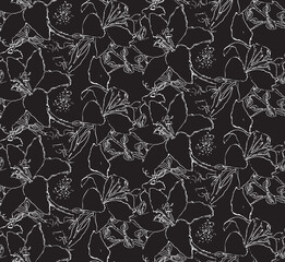 Abstract line art hand drawn lilies seamless pattern. Black background white lines