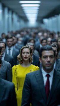A confident woman in a vibrant yellow dress stands out in a dense crowd of men in dark suits, a powerful metaphor for leadership, individuality, and breaking conformity in business