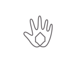 Obraz premium Abstract hand palm with house, building logo design template. Creative line art real estate, property, residential sign symbol mark logotype.