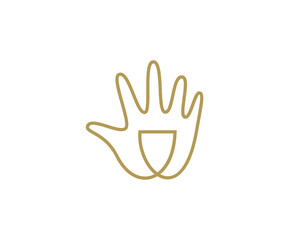 Abstract hand palm with shield logo design template. Creative line art protection, secure, power  sign symbol mark logotype.