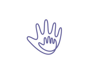 Abstract kid hand and a big adult hand logo design. Minimalist continuous line care, support, maternity  icon sign logotype.