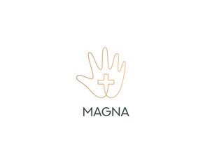 Fototapeta premium Graceful Christian cross in the palm logo design. Luxury thin continuous line religion, faith, holy sign logotype