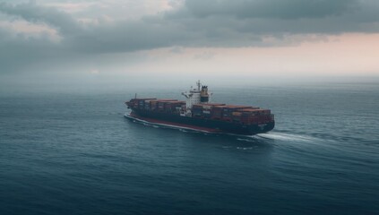 A solitary cargo ship navigating through a vast ocean under cloudy skies, creating ripples in the water