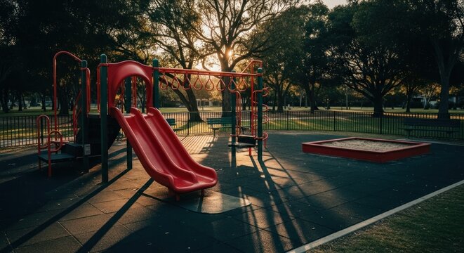 Empty playground at sunset.  Red slide and play structures in a park, with long shadows.  Sunlight filters through trees