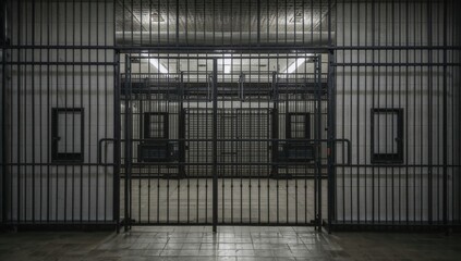 A stark and dark view of prison bars with a dimly lit corridor in the background, creating an ominous atmosphere