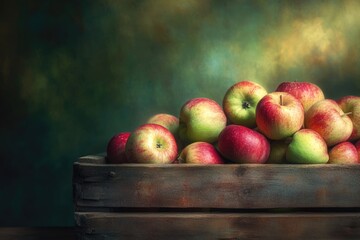 A rustic wooden crate overflowing with ripe, red and green apples against a dark, moody background.