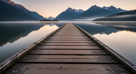 Obraz premium Scenic lake view with a wooden pier leading to distant mountains and calm waters
