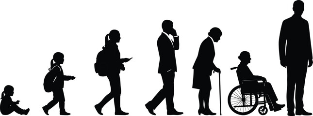 Silhouette evolution of human life stages, childhood, youth, adulthood, old age, walking, sitting, wheelchair, growth and aging concept illustration