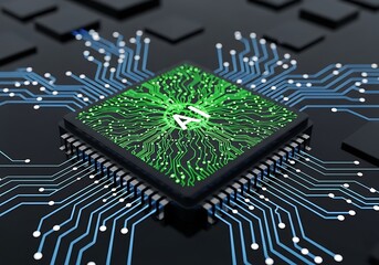 Stunning AI chip with glowing green circuits and futuristic blue connections, symbolizing advanced technology and innovation