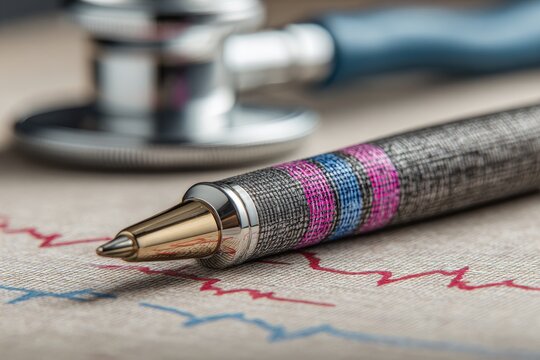 Close-up of pen on medical chart with stethoscope