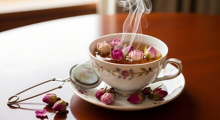 Floral infusion: A delicate teacup filled with steaming rose tea arrangement