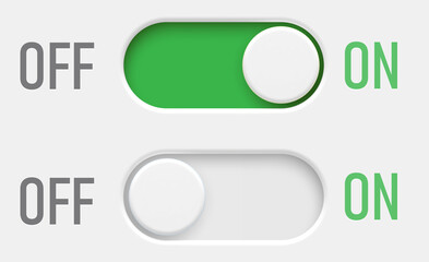 Modern toggle switches displaying "On" and "Off" states with a neumorphic design. The top switch is active with a green background, while the bottom one is inactive. Ideal for user interface and UX co