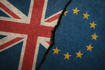 Brexit Split: A striking visual representation of the United Kingdom and European Union flags, bisected by a symbolic crack, representing the historic separation and its ramifications. 