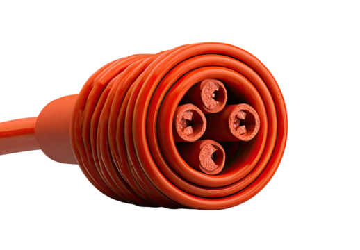 Close-up of an orange electrical connector with coiled wires. Four exposed cable ends are visible within a bundled, spiraled orange casing