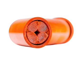 Cross-section of an orange electrical cable.  A close-up view reveals a central bundle of wires,  secured within a protective orange casing.  The wires appear to be individually insulated