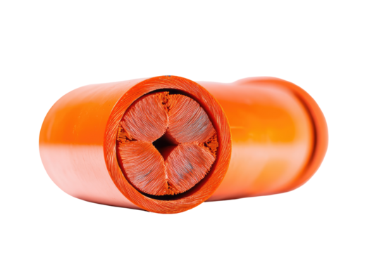 Cross-section of an orange electrical cable.  A close-up view reveals a central bundle of wires,  secured within a protective orange casing.  The wires appear to be individually insulated
