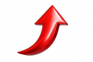 Glossy red 3d arrow is pointing up, representing growth, progress, and success, on a transparent background