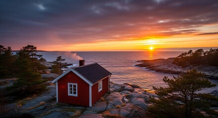 Seaside solace a rustic red cottage bathed in the warm glow of a tranquil sunset landscape