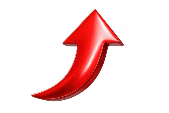 Glossy red 3d arrow is pointing up, representing growth, progress, and success, on a transparent background - Powered by Adobe