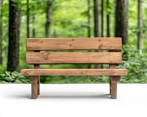 Naklejka premium Rustic wooden bench, set against a soft-focus forest background. The bench is stained brown and has a simple, sturdy design, resting on a light surface.