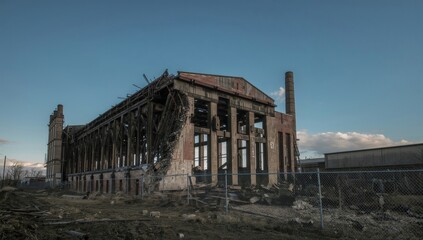 Obraz premium Decaying industrial building with broken windows under a blue sky at sunset