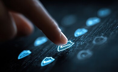 Finger touches glowing shield icon on digital screen