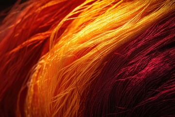 Close-up of vibrant orange and maroon silk threads, showcasing their texture and rich colors.