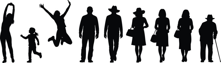 Silhouette of diverse people in different poses and ages, family generation concept, lifestyle activity, walking, jumping, stretching, shopping, senior elderly
