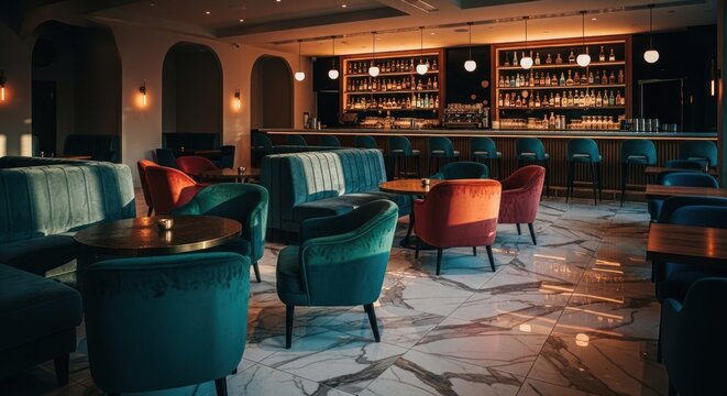 Luxurious modern bar with colorful seating