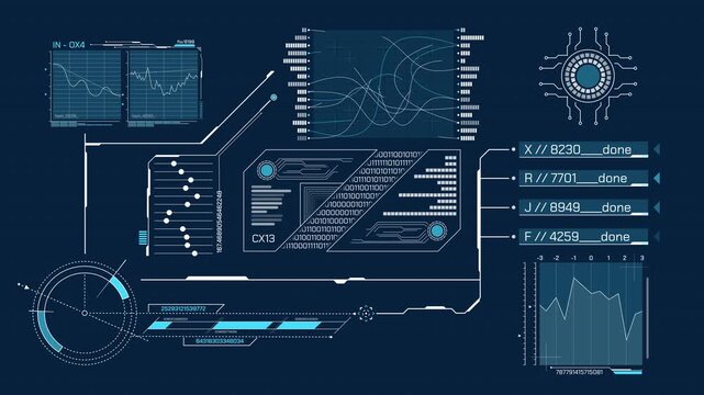 Animated screen with HUD and infographic elements for data processing